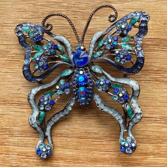 Large 3" Blue and Green Sparkling ButterflyBrooch - Picture 1 of 4